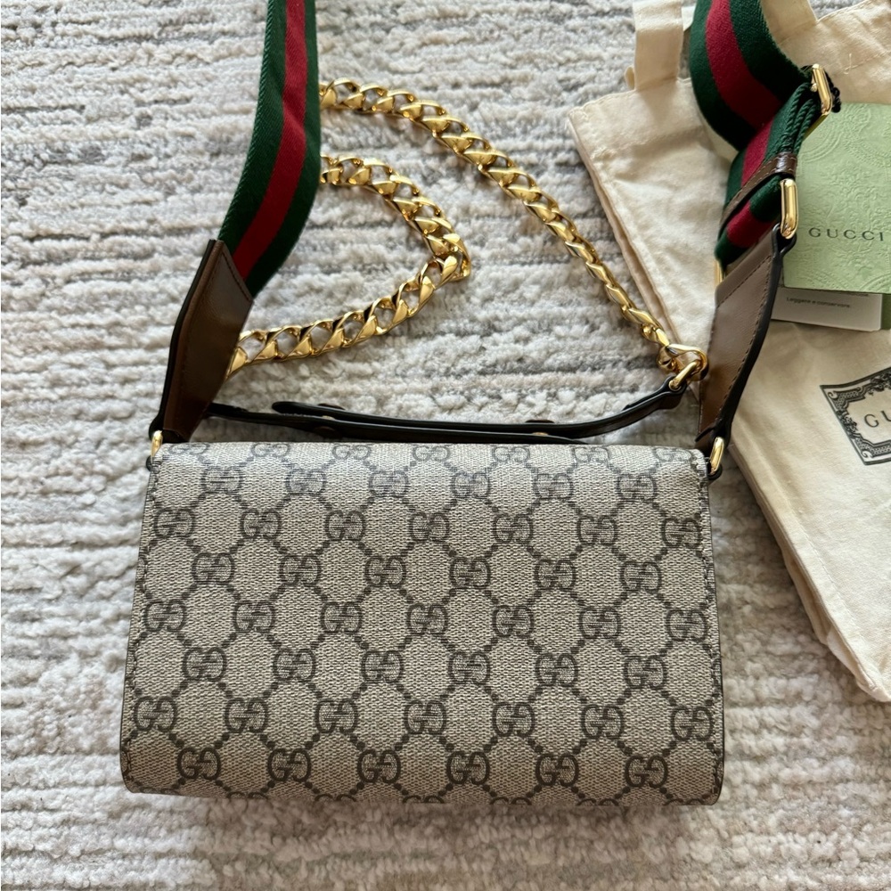 Gucci GG Supreme Horsebit 1955 Curved Flap Envelope Small Canvas Shoulder Bag - Picture 8 of 14